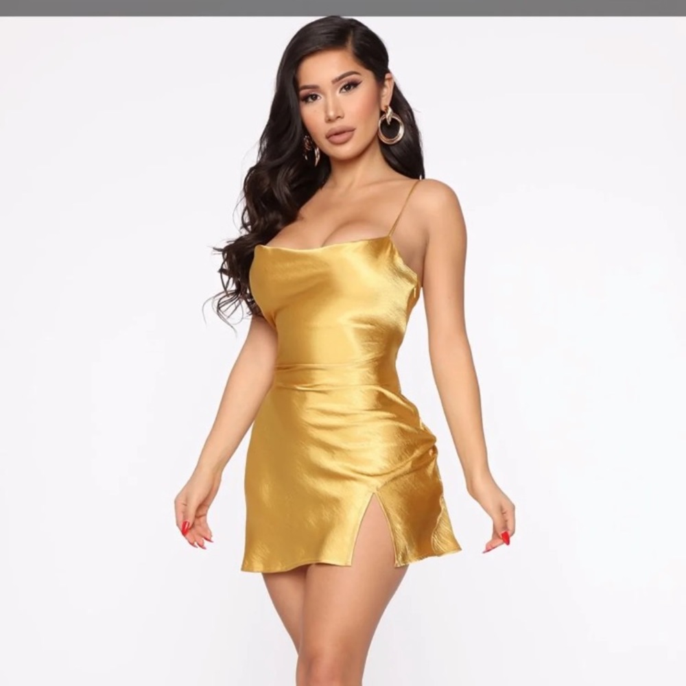 Sexy gold satin dress fashion nova